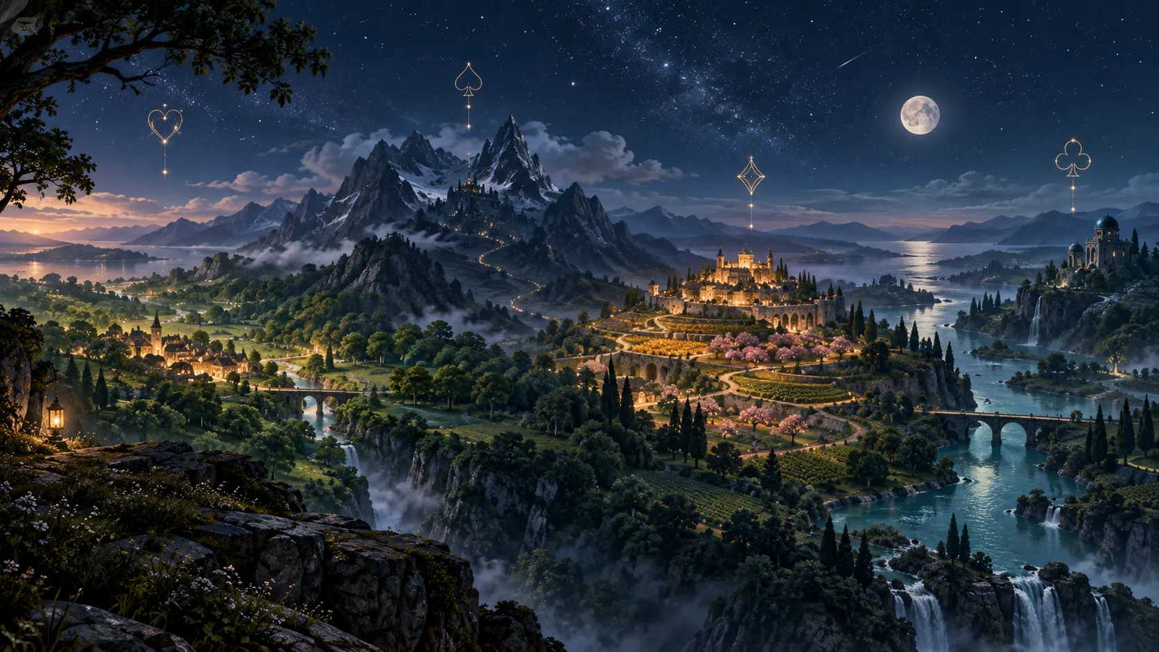 星空の下で四つの領域がつながる風景